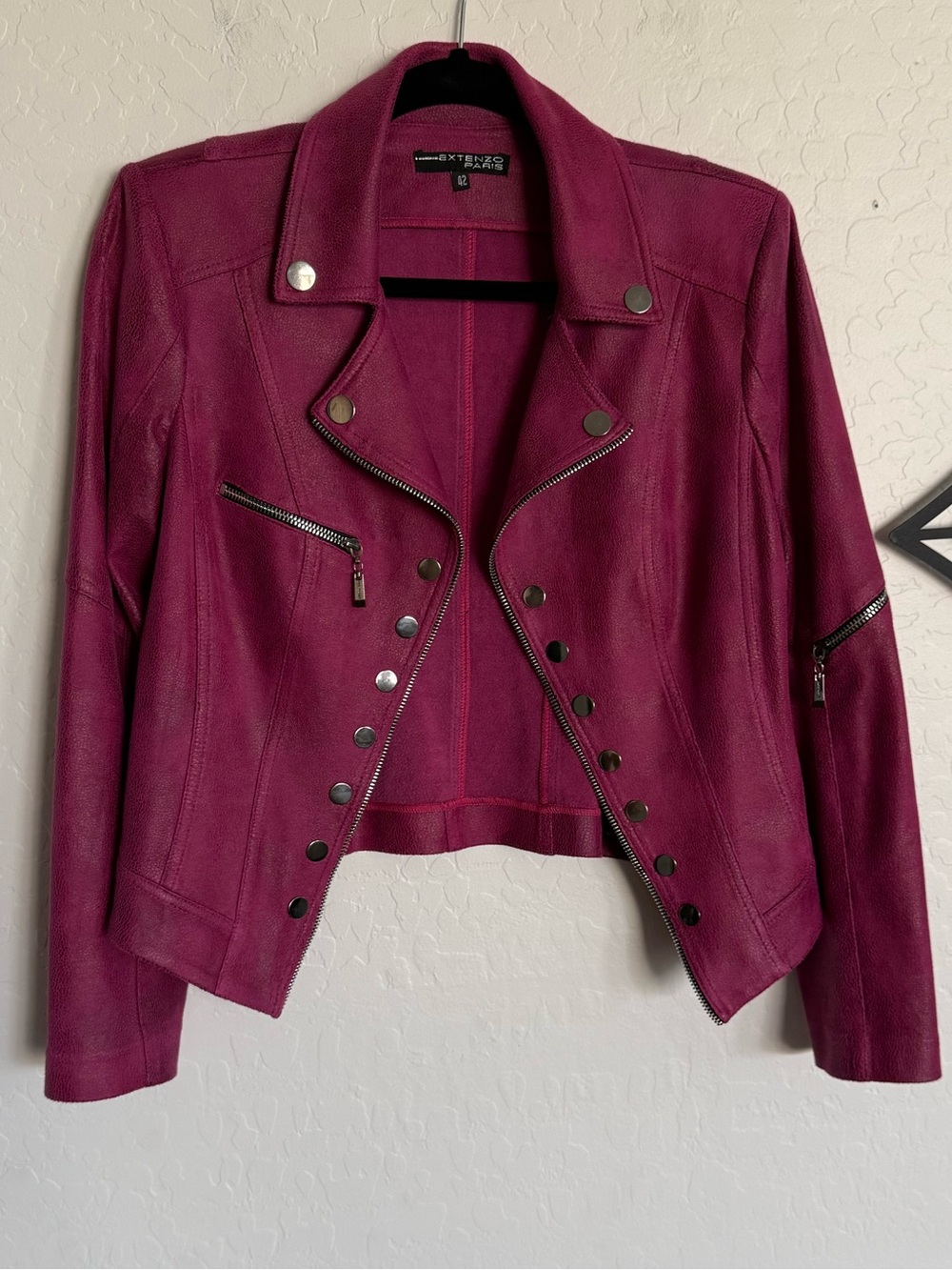 EXTENZO PARIS Fuchsia Pink Studded Faux Suede Moto Biker Jacket Size 42 M/L